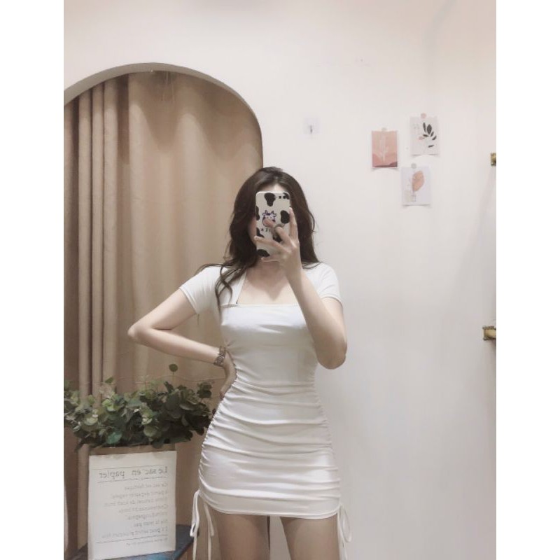 Váy ôm body cổ vuông dây rút sườn ngắn tay