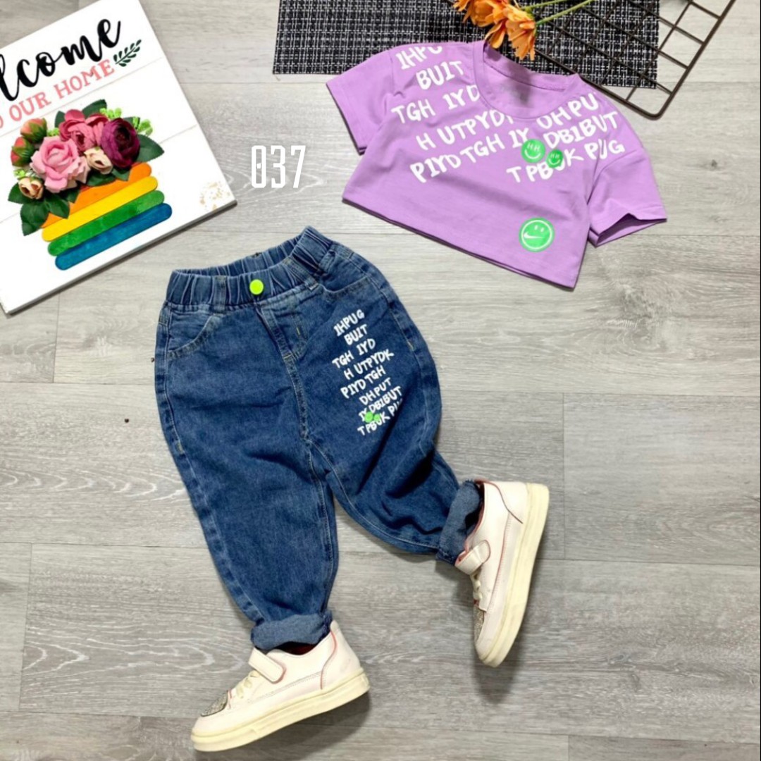 12-40kg Bộ áo croptop và quần jean bé gái set bộ bé gái