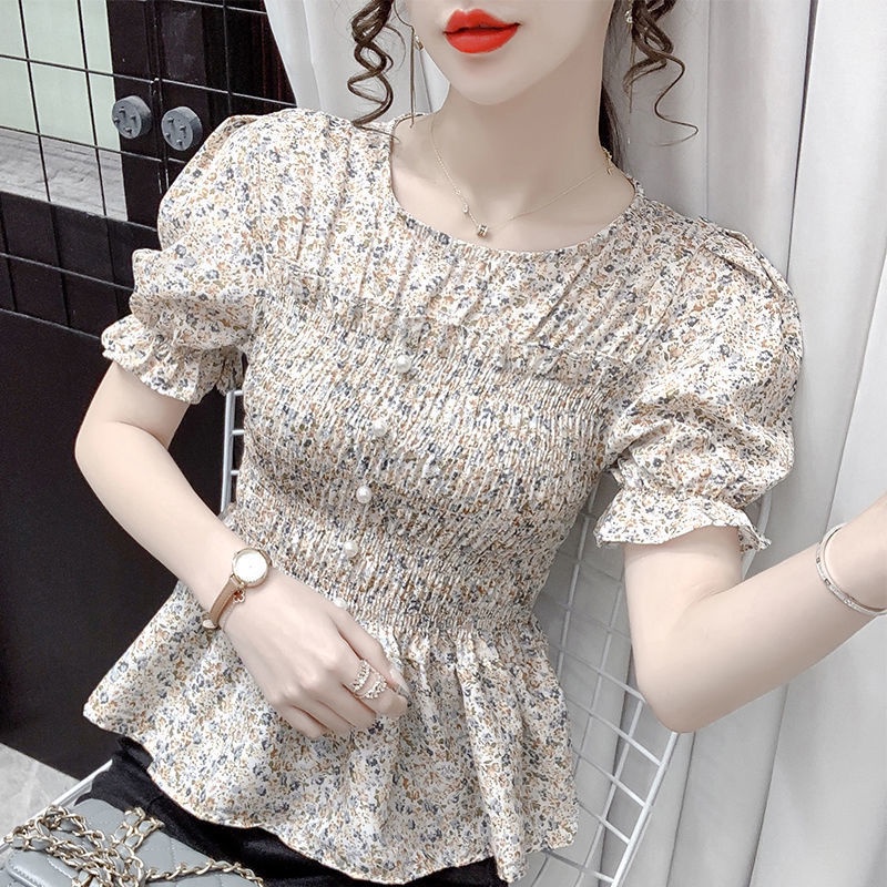 Áo Chiffon Hoa Ngắn Tay Xếp Ly Thời Trang Phương Tây