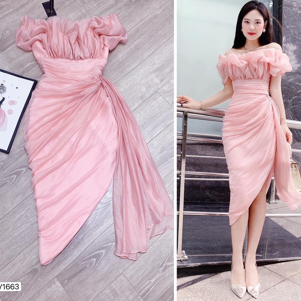 Váy body hồng trễ vai xếp li bèo eo V1663 - Đẹp Shop DVC (Kèm ảnh thật trải sàn do shop tự chụp)