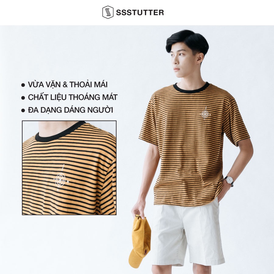 Áo phông Unisex tay ngắn họa tiết kẻ sọc ngang SSStutter vải dệt thoi vân chéo 3 màu Dial Tee