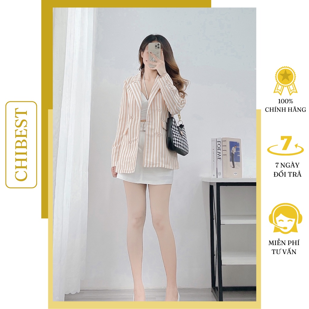 Áo blazer nữ Hàn Quốc khoác vest sọc phối nút tay thiết kế túi đứng sang trọng thanh lịch  AAB72 CHIBEST