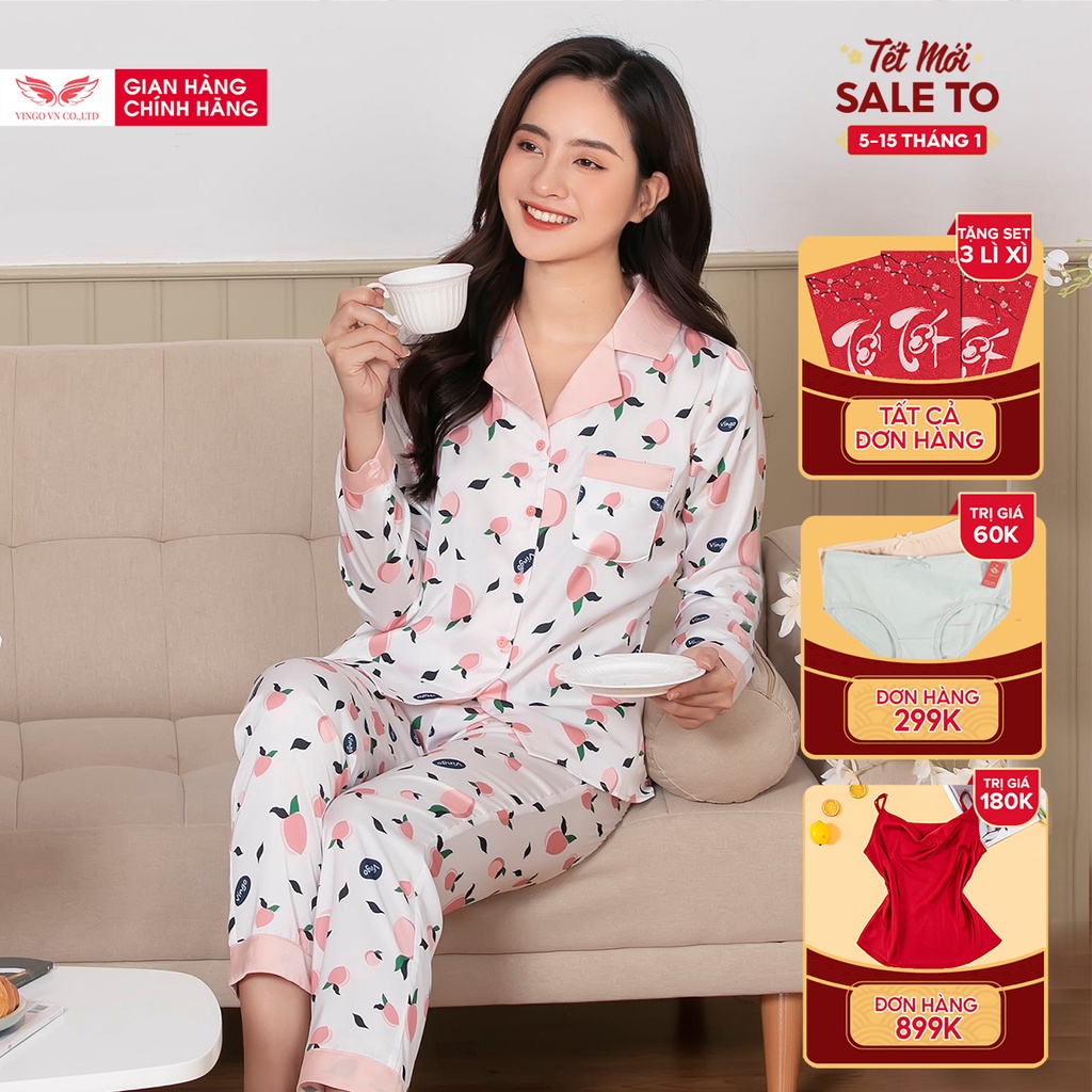 Bộ Đồ Ngủ Pyjama Nữ Mặc Nhà VINGO Lụa Pháp Cao CấpTay Dài Quần Dài Mùa Thu Đông Họa Tiết Trái Đào Hồng H076 VNGO - TDQD