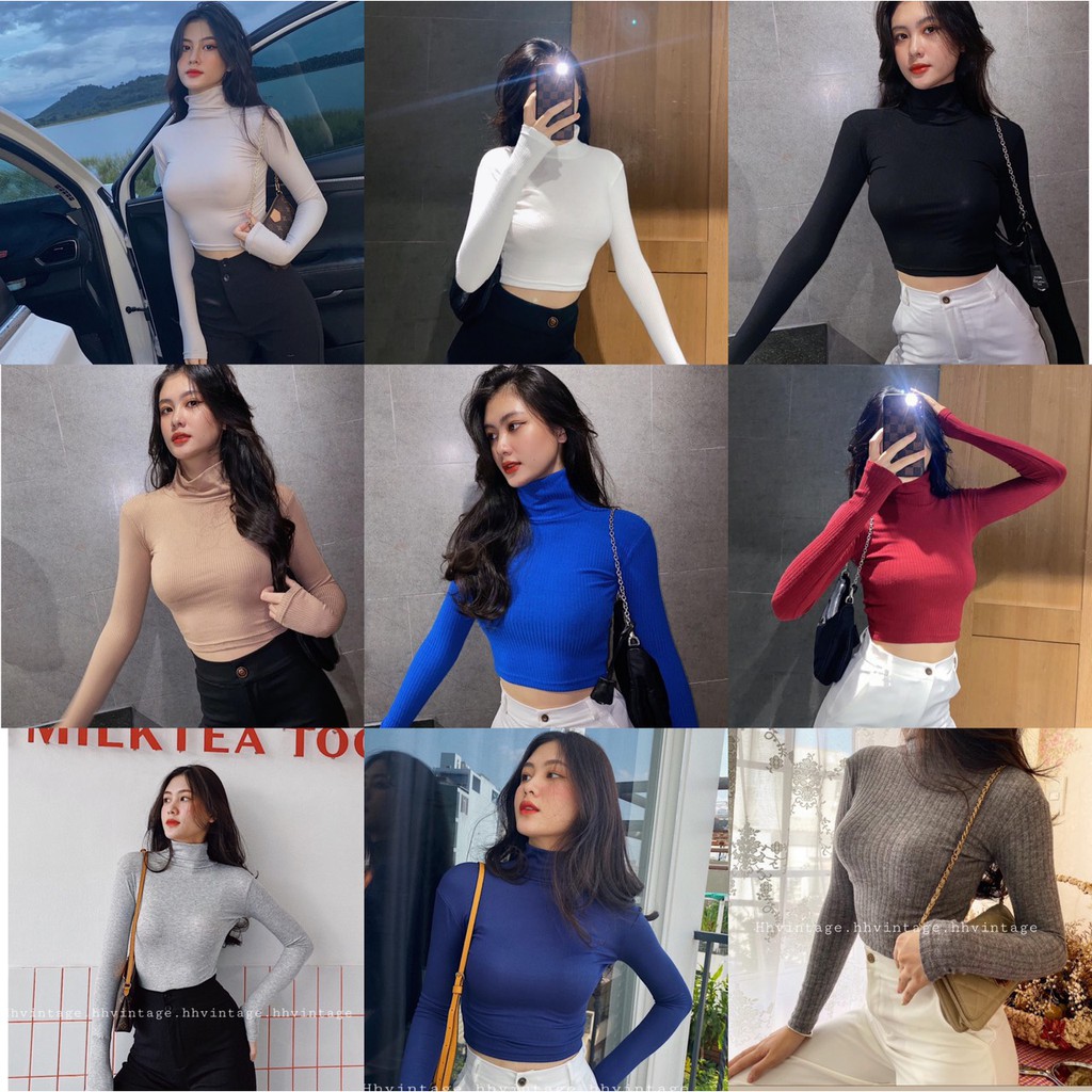 Áo croptop nữ tay dài HHVINTAGE kiểu cổ lọ trơn thun co giãn TOP A56