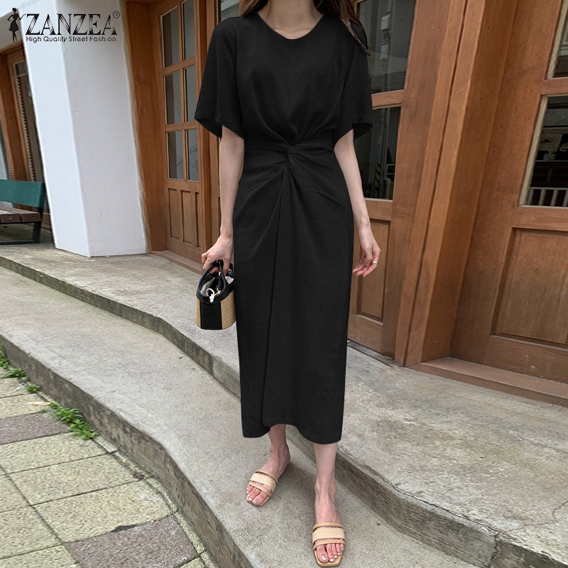 Đầm Zanzea tay ngắn thiết kế thắt dây phong cách Hàn Quốc thời trang dành cho nữ