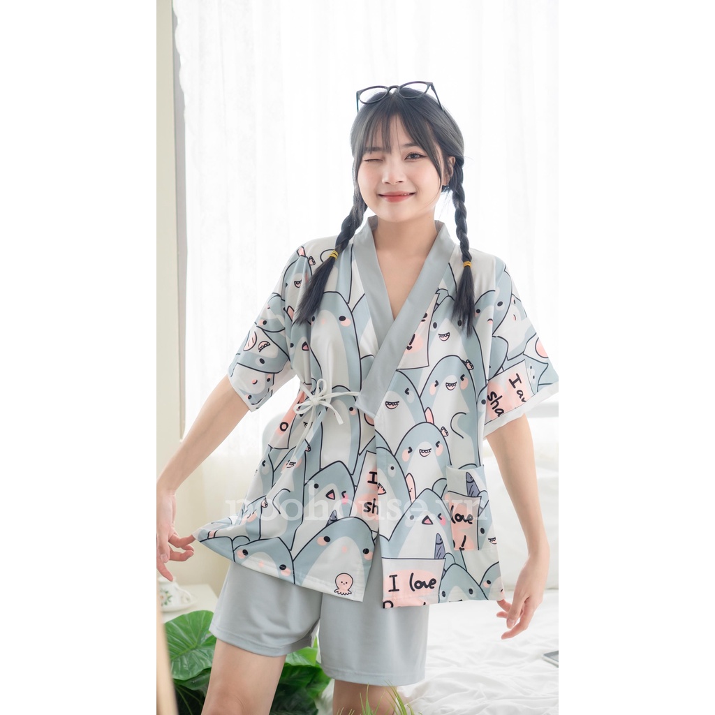 Combo Cá mập- Hoạt hình - Pijama kimono ngủ chất liệu cotton, đồ ngủ kimono đồ ngủ kiểu Nhật bản - Poohouse Pyjama