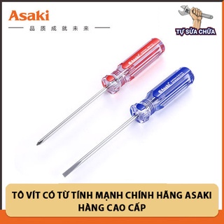 Tô vít, tuốc nơ vít dẹt bake cán nhựa trong suốt chính hãng Asaki từ tính cực mạnh, chống rỉ sét tốt