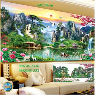 tranh đính đá phong cảnh  núi non sông nước kt 160x75cm