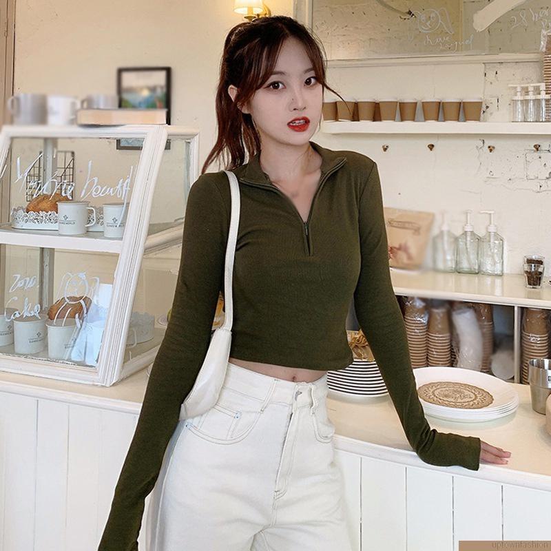 Áo crop top tay dài màu sắc thời trang thu đông cho nữ