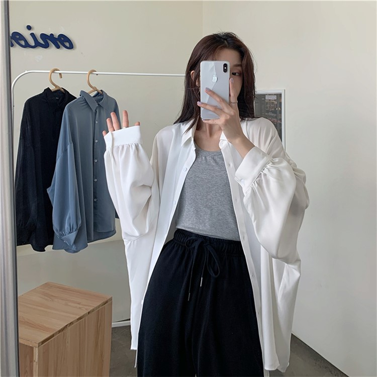 Sơ mi nam nữ trơn tay phồng phom to chất thô - sơ mi dài tay unisex sẵn kho 2 màu