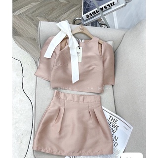 Set tafta khoét vai nơ trắng (Đen/hồng)