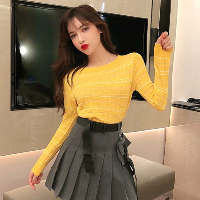 Áo thun sweater Hàn Quốc dài tay sọc trắng đen dành cho nữ