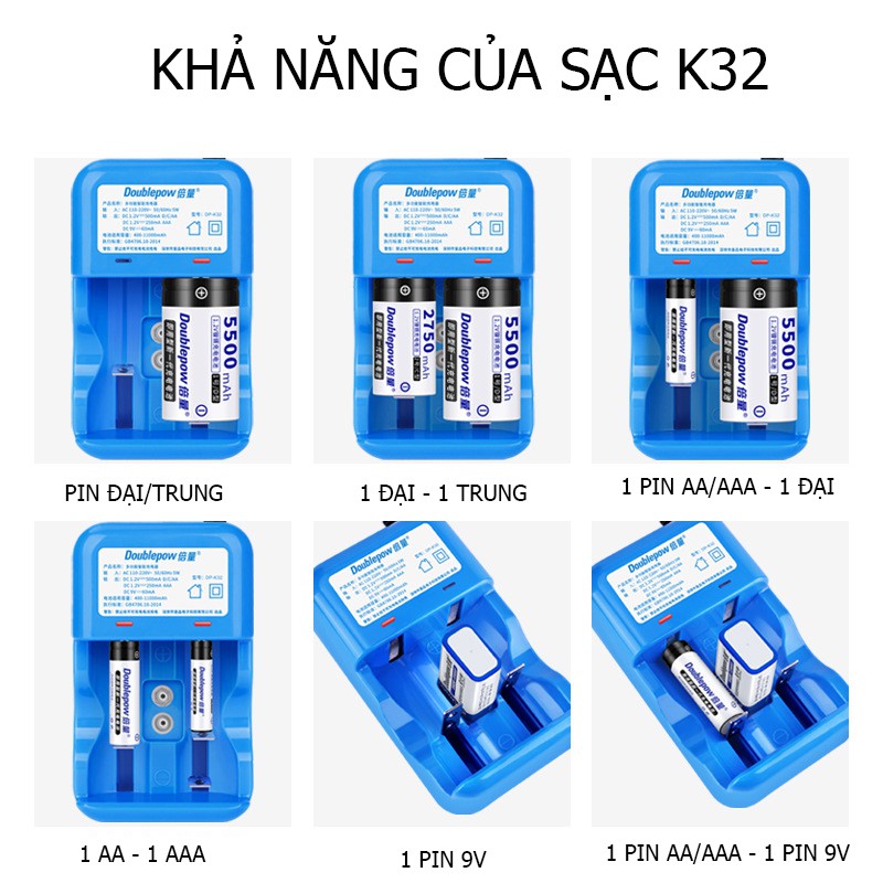 Combo Bộ sạc pin DP-K32 AA/AAA/C/D đa năng thông minh tự ngắt và 02 viên pin đại (size D) 5500mAh chính hãng Doublepow