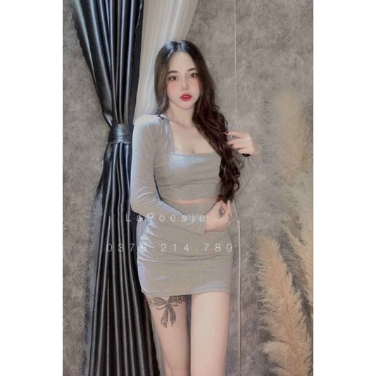 Set Thun Áo Croptop Tay Dài Cổ Vuông Và Váy Bút Chì Dáng Ngắn Form Ôm Body Sexy