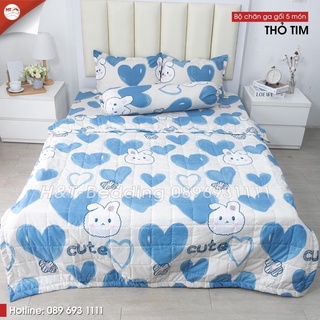 Trọn bộ chăn ga gối hè thu 5 món thỏ tim xanh