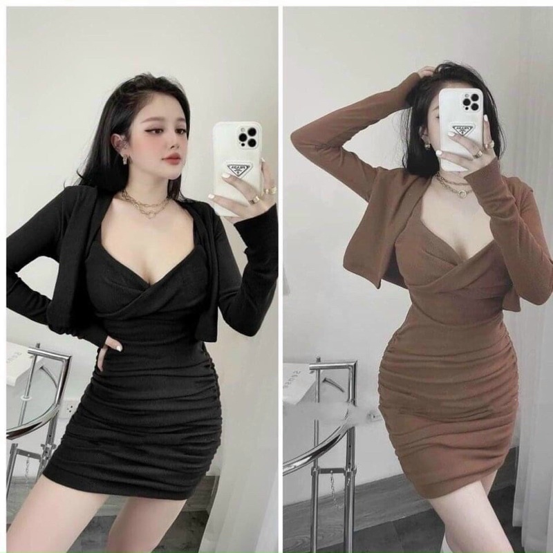 SET ĐẦM BODY HAI DÂY XOẮN NGỰC NHÚN EO KÈM KHOÁC
