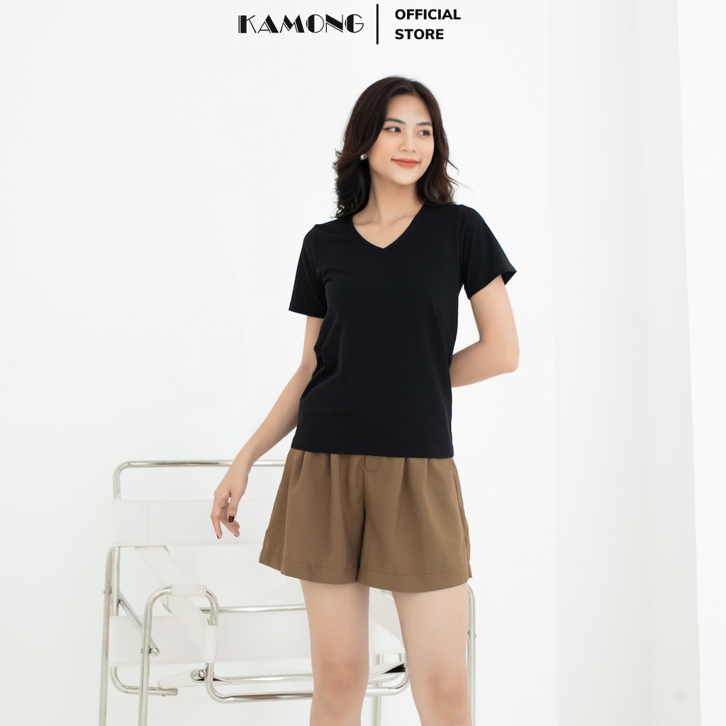 Áo thun nữ cổ tim tay ngắn KAMONG vải cotton 100% cao cấp