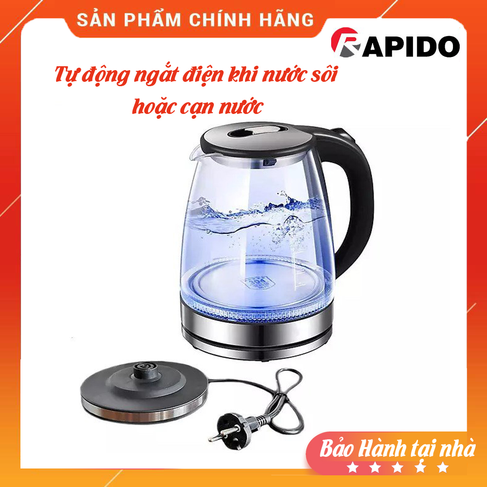 Ấm đun siêu tốc thủy tinh dung tích 1,8 Lit -Bình đun thủy tinh  thương hiệu Rapido RK1818 - Công suất 1800W