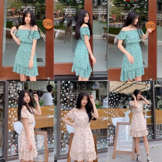 Đầm Trễ Vai Diorr Dress hoạ tiết hoa nhí thiết kế from A xoè nhẹ sau lưng bo chun co giãn - váy tay bèo