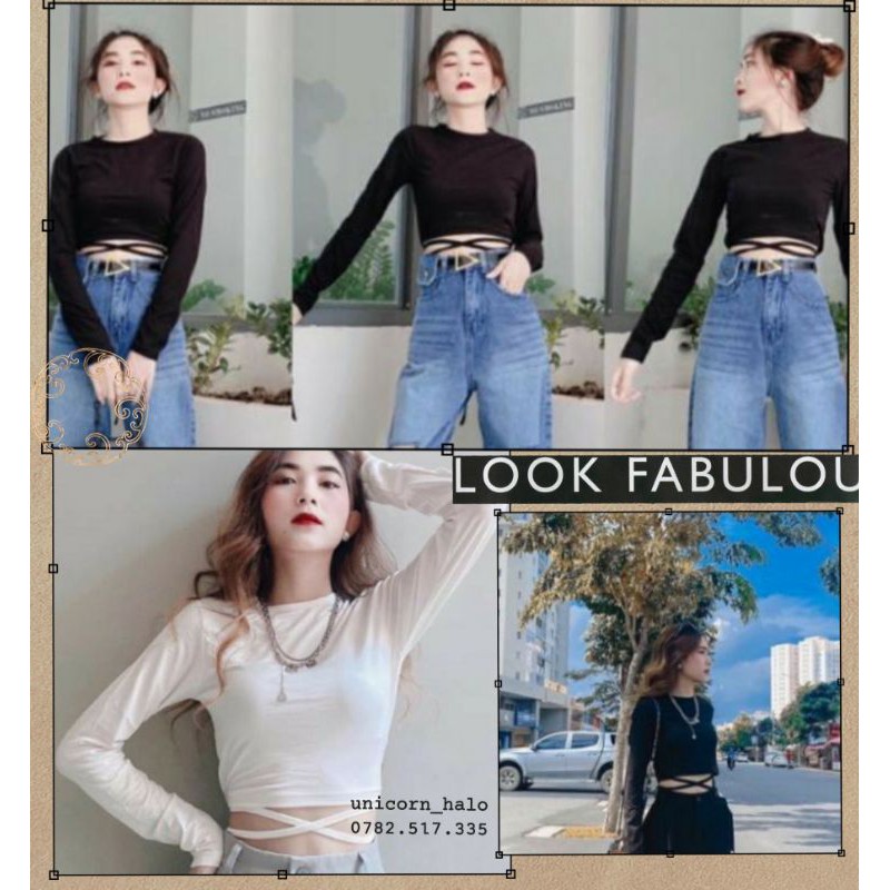 Áo Croptop Tay Dài Chéo Dây Eo Kiểu Body Gợi Cảm Nữ Màu Trắng Đen DRACR26 Mys Aloha Kill System | BigBuy360 - bigbuy360.vn
