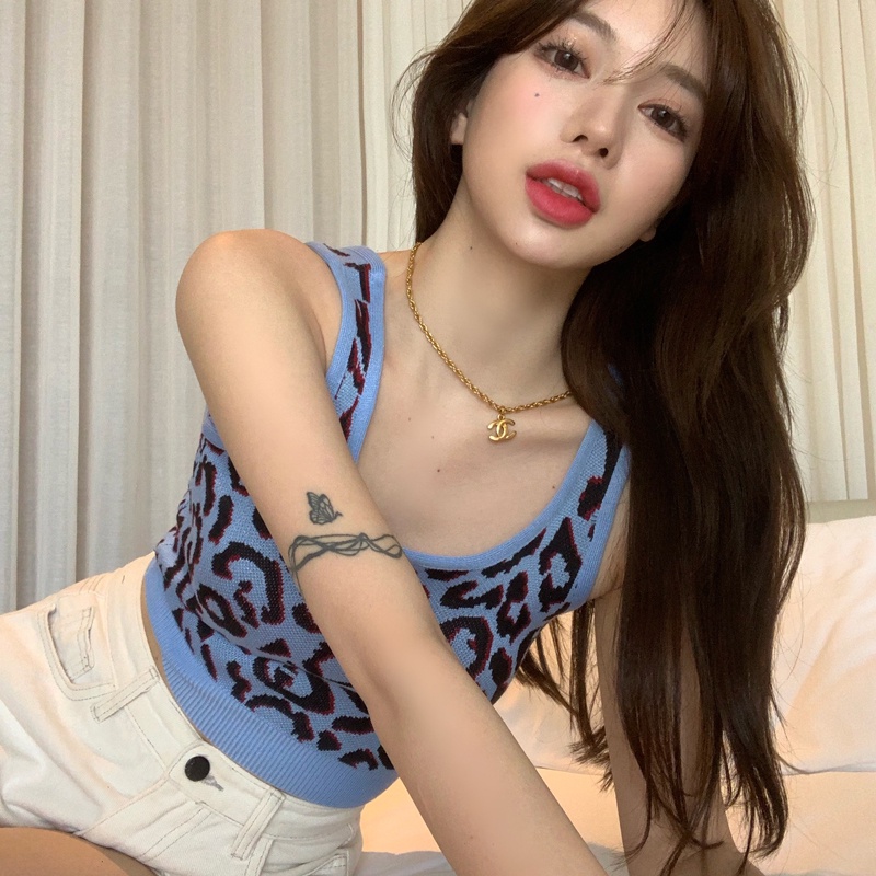 Áo Hai Dây Dệt Kim In Họa Tiết Da Báo / Da Báo Quyến Rũ Cho Nữ