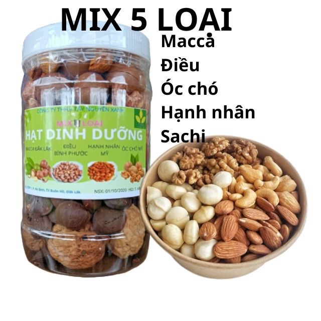 500g Mix 5 loại hạt: Macca Đăk Lăk, Điều Bình Phước, Hạnh Nhân Mỹ, Óc Chó Mỹ, Sachi Đăk Lăk