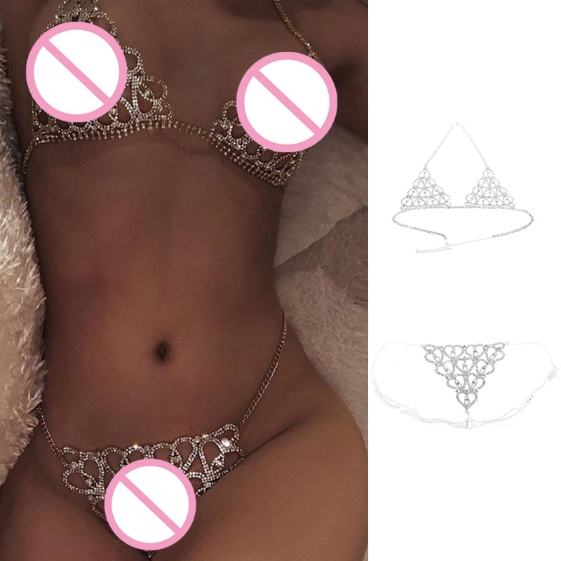 Youyo Bộ Bikini Dây Xích Kim Tuyến Hình Trái Tim Rỗng Đính Đá Pha Lê Lấp Lánh Quyến Rũ Cho Nữ Cl