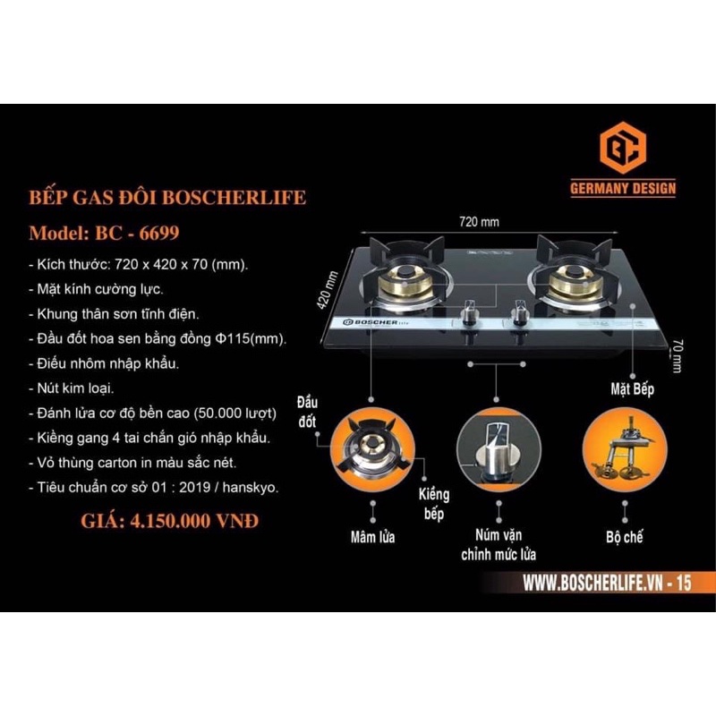 Bếp Gas Âm Cơ Boscherlife 6699 Bảo Hành 2 Năm