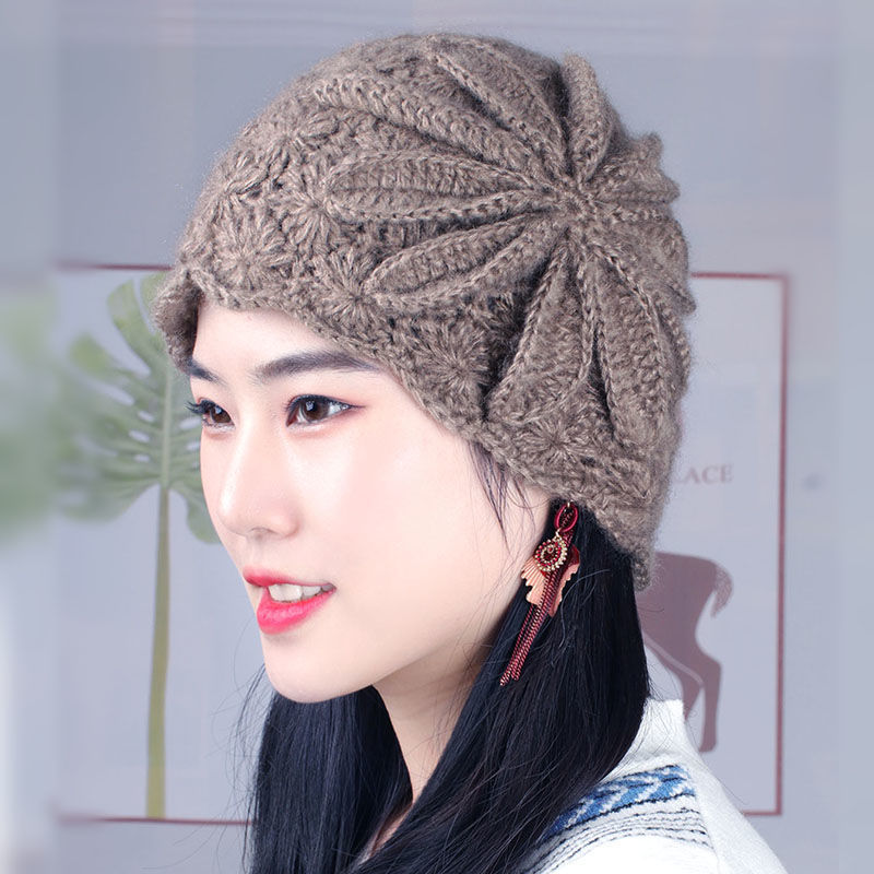 Mũ len dệt kim Mũ Nữ Mũ len dệt kim Mũ len nữ Mũ Len móc hoa mùa thu đông năm 2020