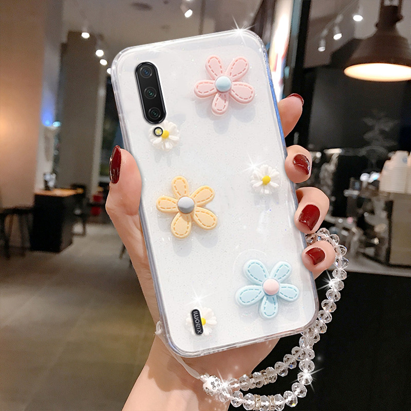 Ốp Lưng Tpu Mềm In Họa Tiết Hoa 3d Lấp Lánh Có Dây Đeo Cho Xiaomi Mi 10 10t 9t Pro Mi 8 Mi 9 Mi 10 10t Lite