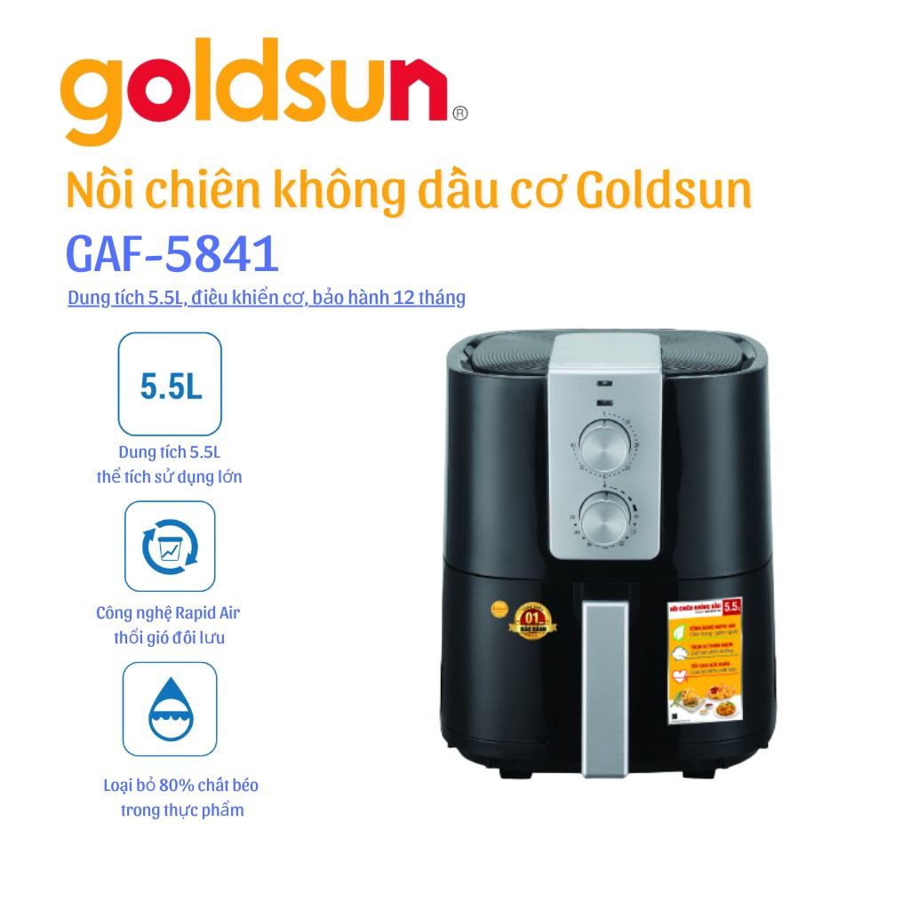 Nồi chiên không dầu giảm 80% chất béo dung tích 5.5L Goldsun GAF5841 Hàng chính hãng