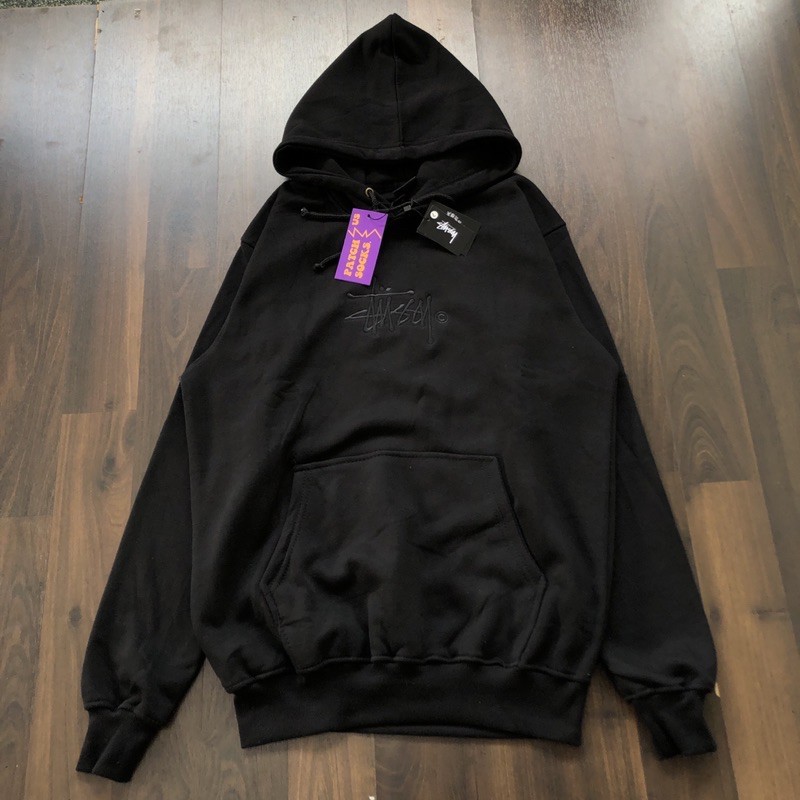 Stussy Áo Hoodie Màu Đen Thêu Chữ Stussy Cá Tính