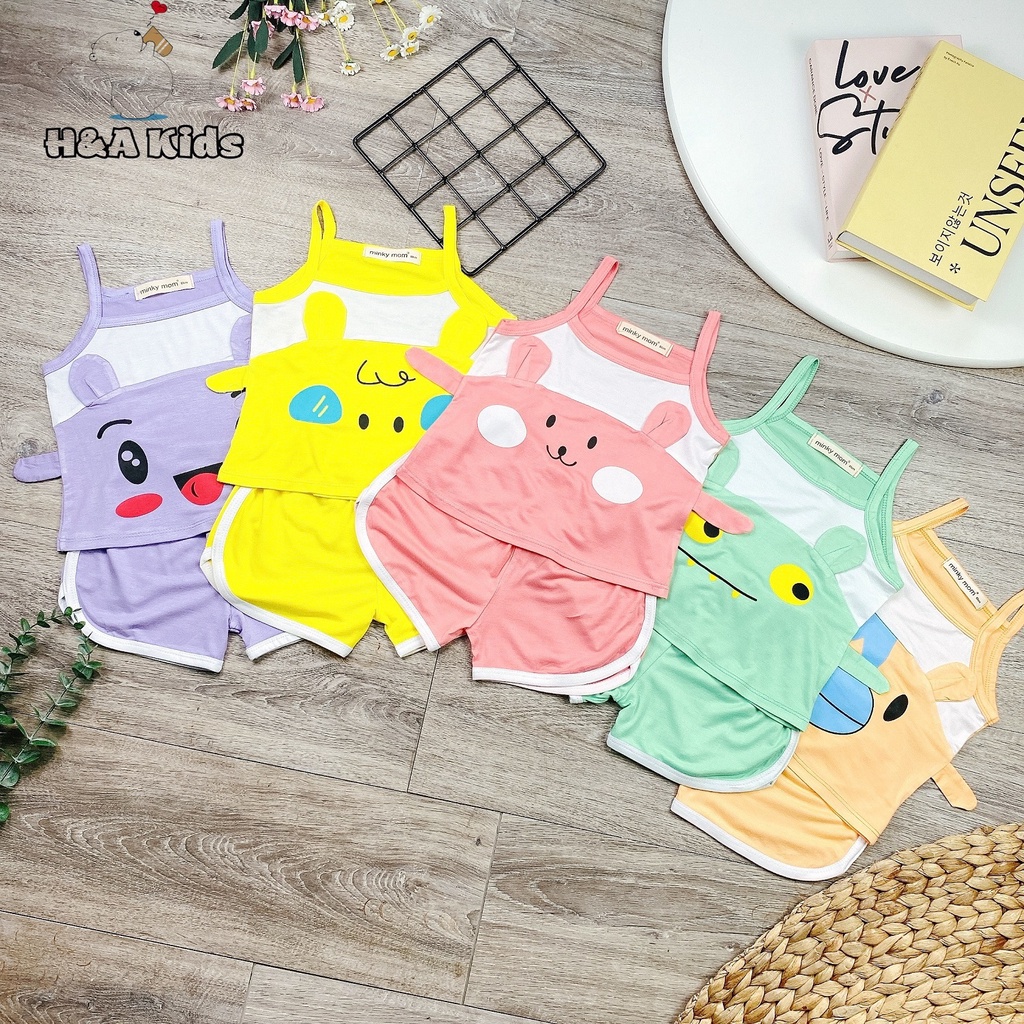 Bộ đồ 2 dây vải thun lạnh MinkyMom in hình mắt và tai thỏ xinh xinh cho Bé Gái 8-18kg - MeGauu MM0009(Ảnh thật)