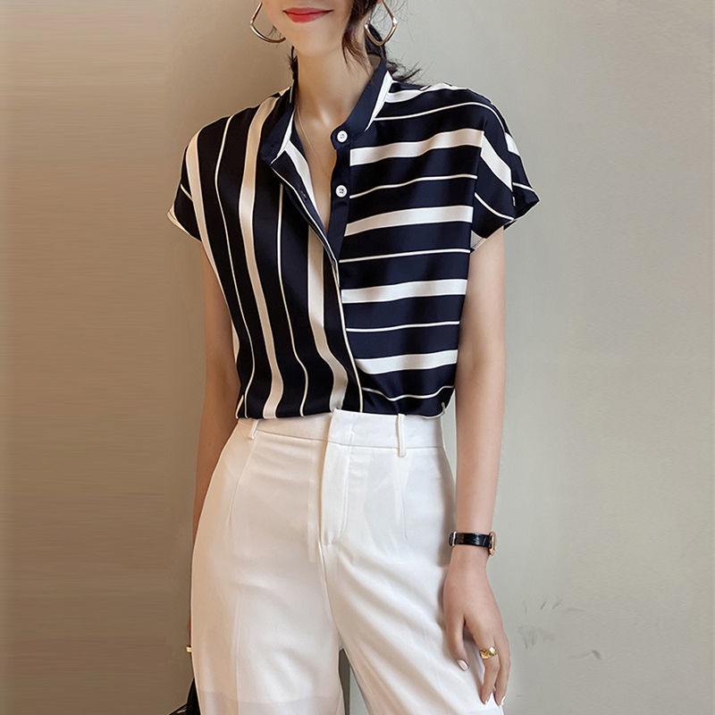 Áo Sơ Mi Chiffon Ngắn Tay Họa Tiết Kẻ Sọc Phong Cách Phương Tây Thời Trang Mùa Hè Hàng Mới Dành Cho Nữ