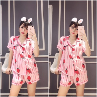 Freeship_đồ bộ mặc nhà pijama lụa satin áo cộc quần đùi