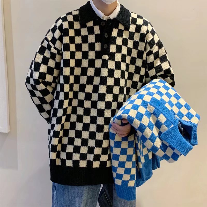 Áo sweater len dệt kim họa tiết kẻ caro dài tay dáng rộng thời trang Hàn Quốc thanh lịch cho nam nữ