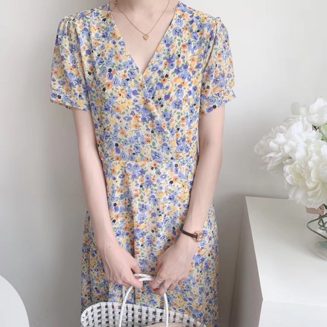 Váy hoa nhí cổ chéo dáng dài hoạ tiết hoa sáng màu Ulzzang style🌸 VKE 8029-2 Hàng Quảng Châu