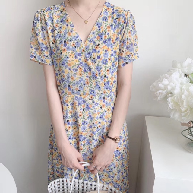 Váy hoa nhí cổ chéo dáng dài hoạ tiết hoa sáng màu Ulzzang style🌸 VKE 8029-2 Hàng Quảng Châu | BigBuy360 - bigbuy360.vn