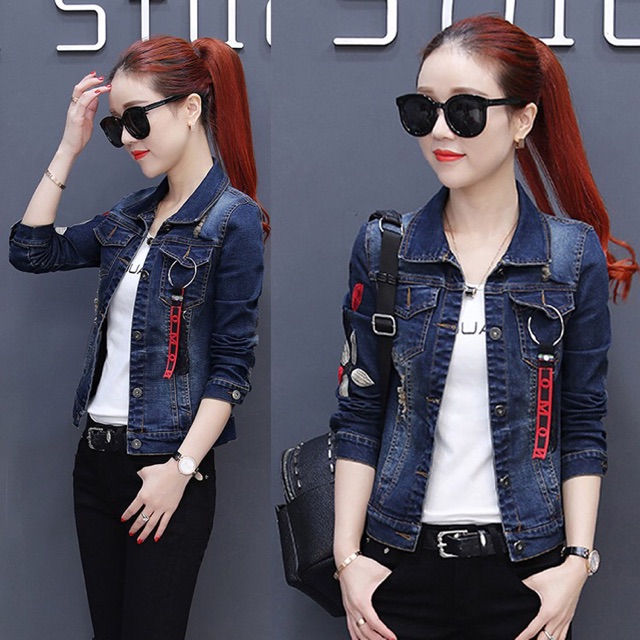 Áo khoác jean nữ thêu hoa bao đẹp size M L XL .