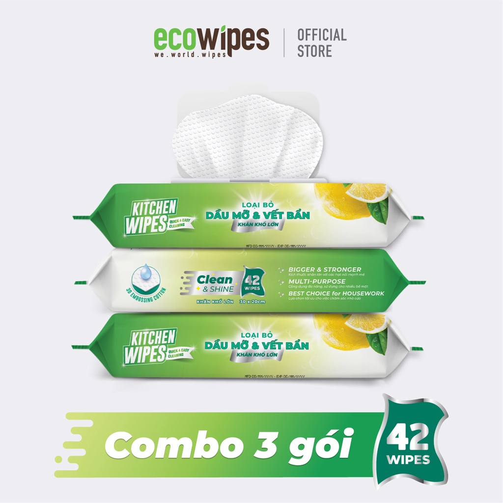 Combo 03 gói KHĂN ƯỚT LAU BẾP EcoWipes 42 tờ/gói - Loại bỏ dầu mỡ và vết bẩn