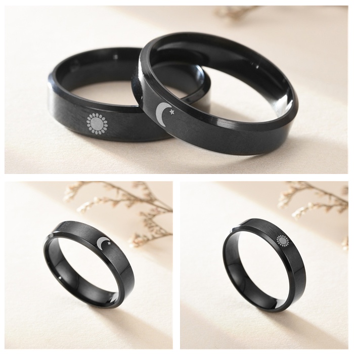 1 Nhẫn Thép Không Gỉ Màu Đen Họa Tiết Mặt Trăng Mặt Trời Đơn Giản Phong Cách Hàn Quốc Cho Nam Và Nữ