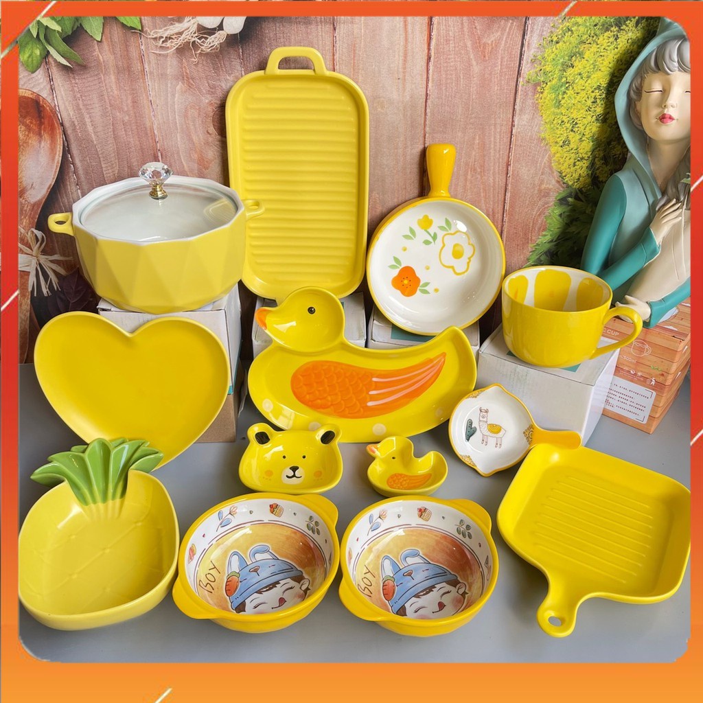 Bộ bát gốm sứ siêu đẹp bộ màu vàng 13 món
