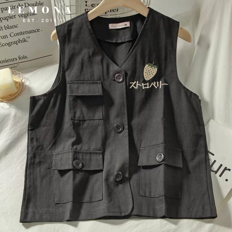 Áo Gile Dâu Tây Áo Khoác Ngoài Phối Màu Phong Cách Dễ Thương Học Sinh