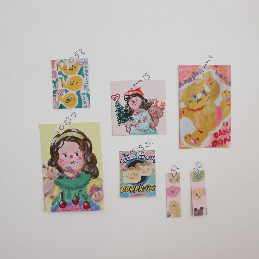 Set 7 card hình họa tiết tranh sơn dầu vẽ bé gái dễ thương dùng trang trí phòng