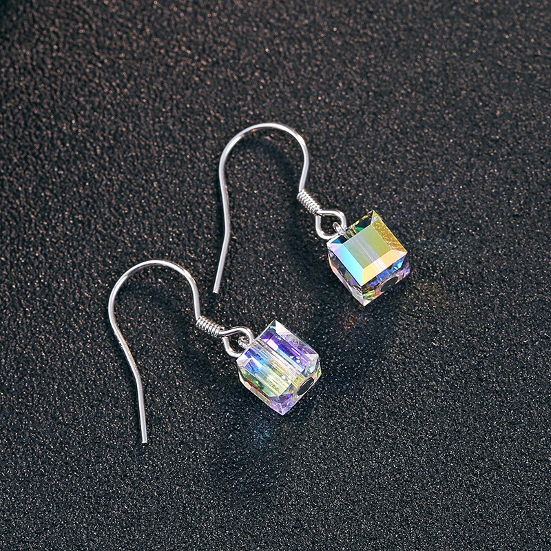 Bông tai bạc nữ đá pha lê lấp lánh 7 sắc cầu vòng DaLiA Jewelry khuyên tai bạc đá hộp chuẩn bạc 925