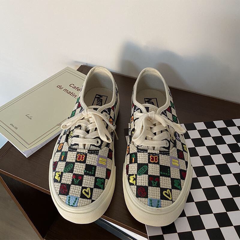 Giày thể thao vải hoạ tiết kẻ caro thổ cẩm phong cách Ulzzang kèm ảnh thật