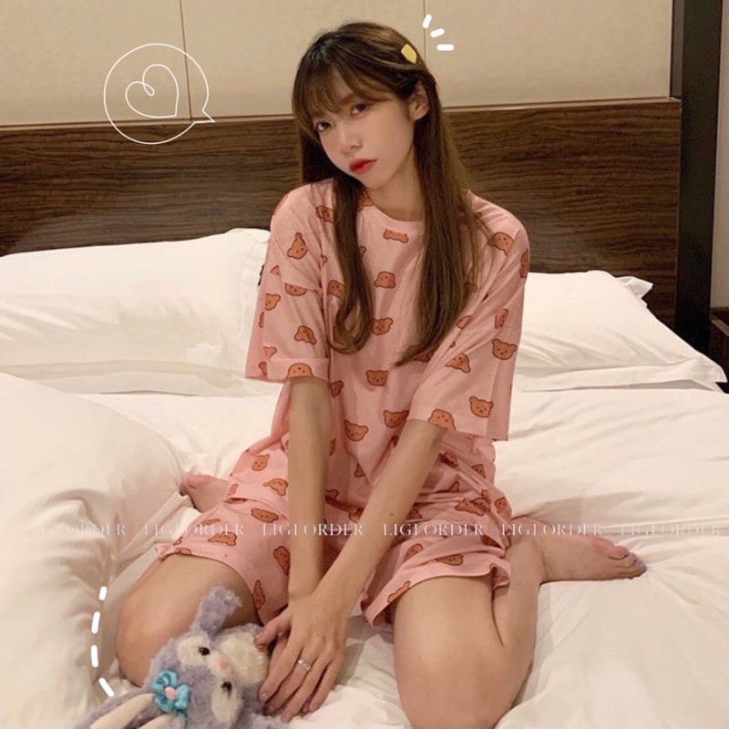 Bộ ngủ cộc hình gấu con đáng yêu, Bộ ngủ hè cute chất liệu nhẹ mát cho nữ