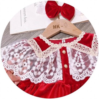 Váy nhung đỏ phối ren cho bé (9-15kg)