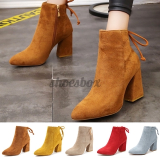 Giày Bốt Cổ Ngắn Nữ Đế Thô Giả Da Lộn Có Dây Kéo