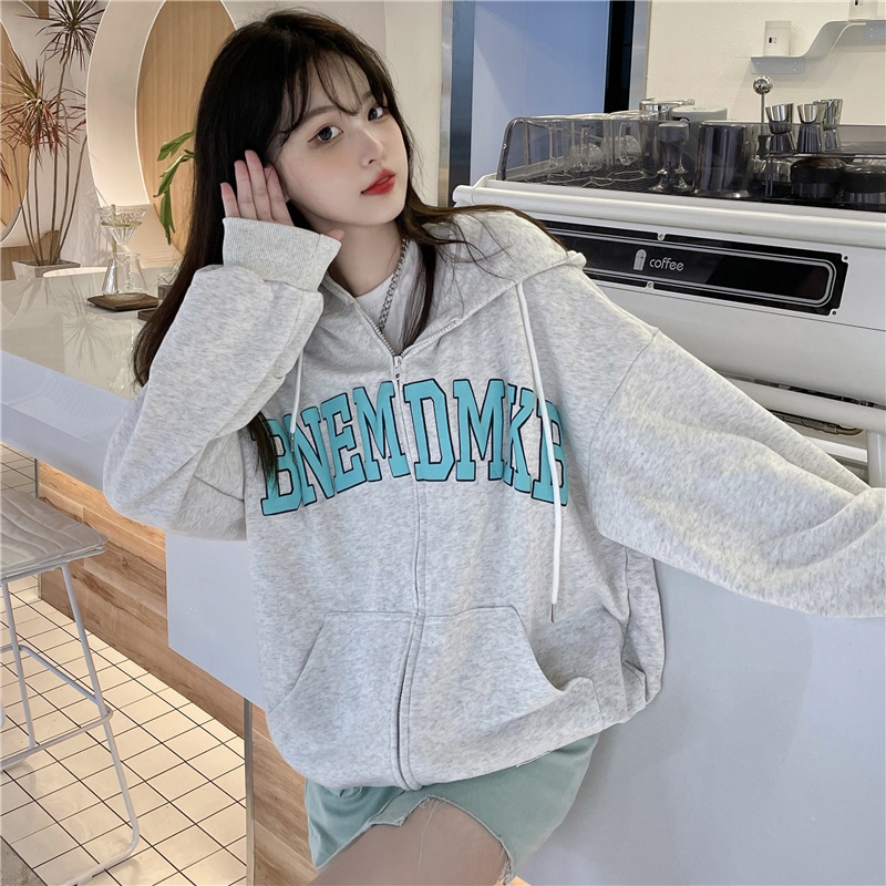 SUXI Áo Khoác Nữ Tay Dài Có Nón In Chữ Thời Trang